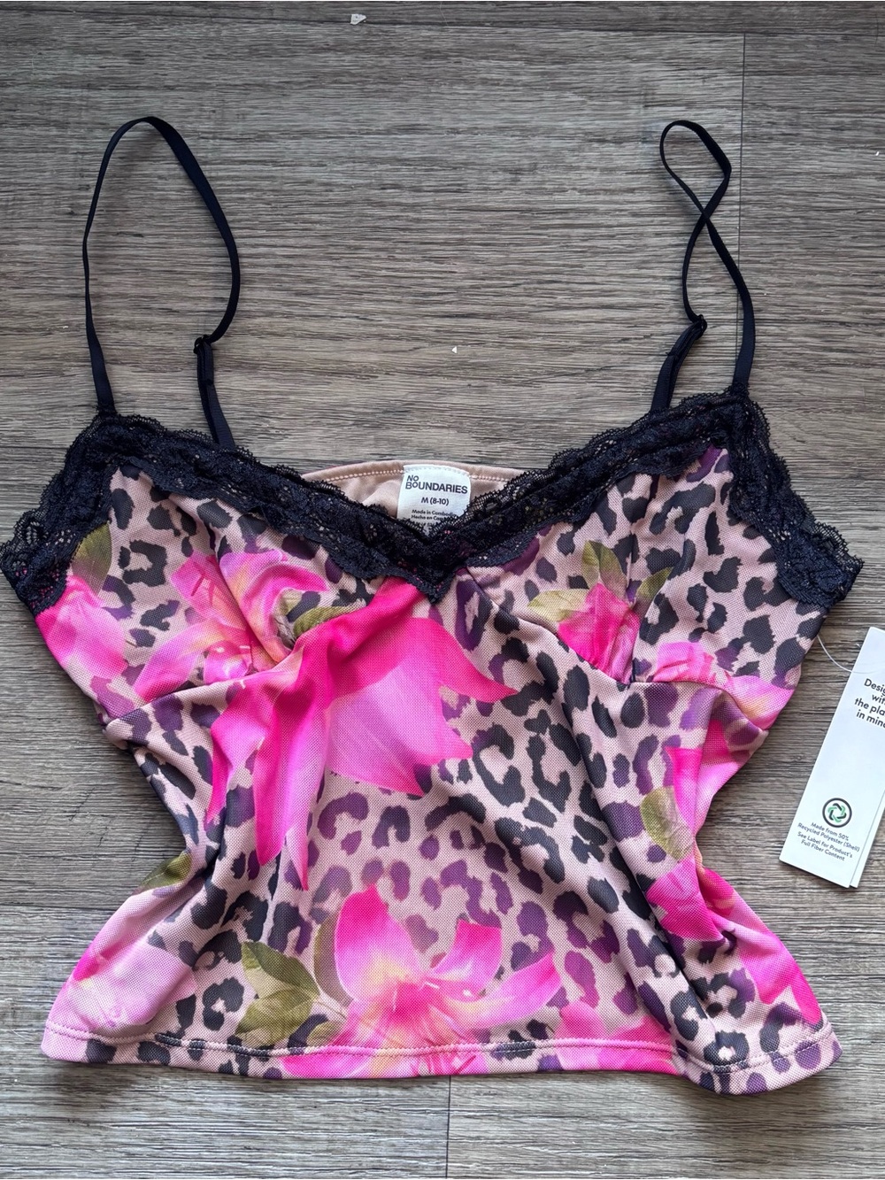 Pink Floral Leopard Print Lace Trim Cami Top Garden Whimsical Y2K Coquette Girl